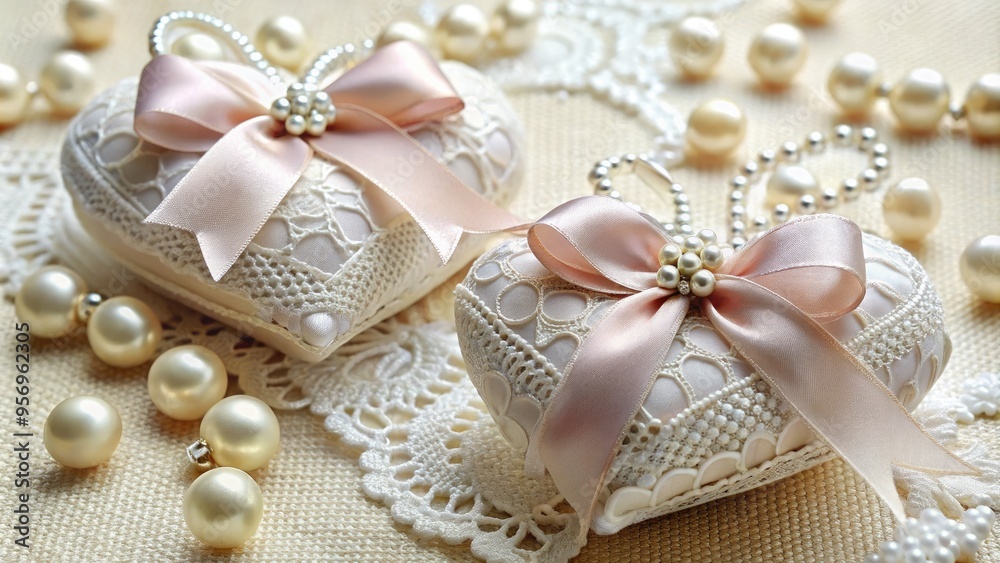 Adorable heart-shaped wedding favors, wrapped in satin ribbons and decorated with tiny pearls, sit atop a delicate lace tablecloth, radiating love and romance. Adorable heart-shaped wedding favors, wrapped in satin ribbons and decorated with tiny pearls, sit atop a delicate lace tablecloth, radiating love and romance.