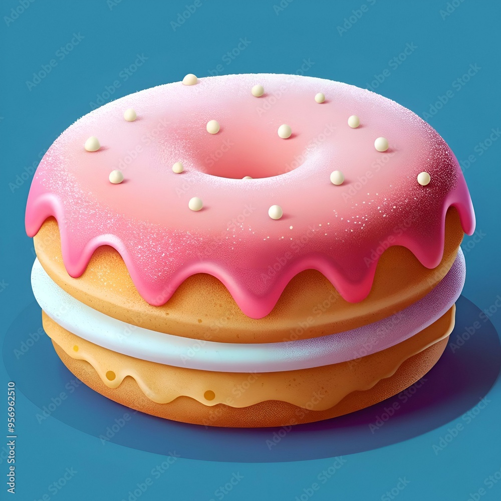 A delightful 3D illustration of a pink glazed donut with sprinkles. A delightful 3D illustration of a pink glazed donut with sprinkles.