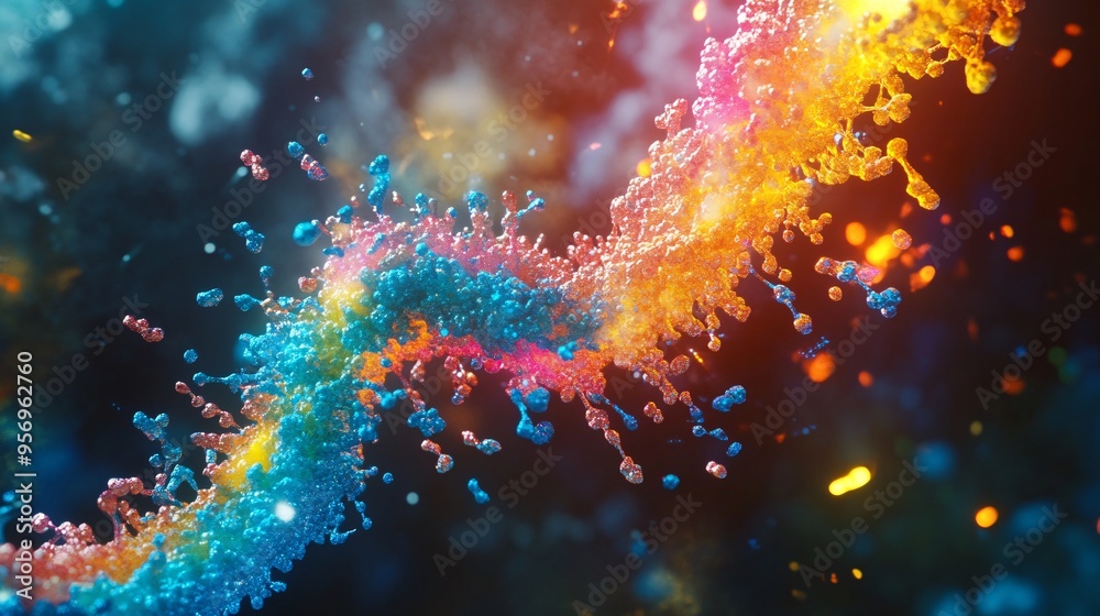 A vibrant, abstract splash of colorful liquid with blue, orange, and pink hues against a black background. The liquid swirls and dances in the air, creating a dynamic and energetic composition.