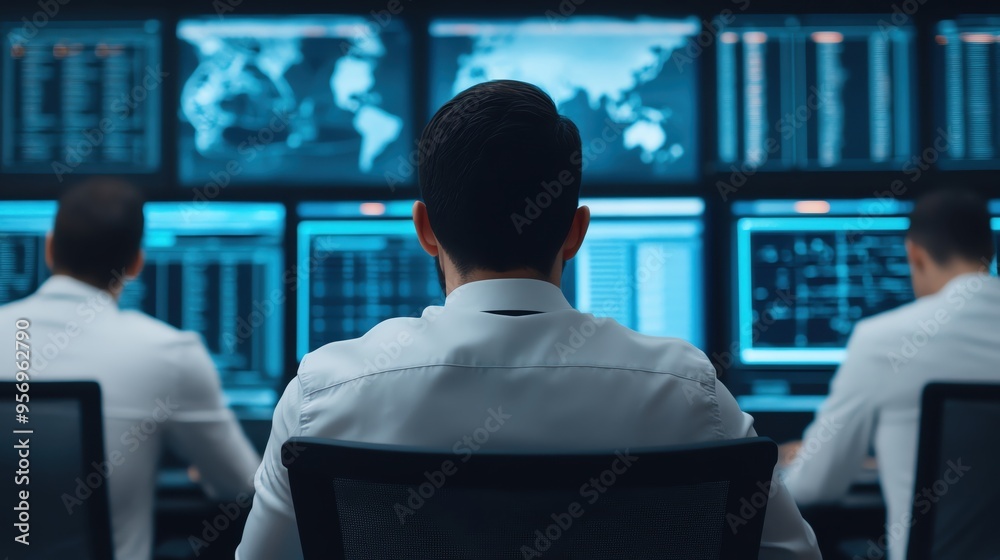 A team of professionals monitoring data on multiple screens in a modern control room, emphasizing technology and collaboration. A team of professionals monitoring data on multiple screens in a modern control room, emphasizing technology and collaboration.