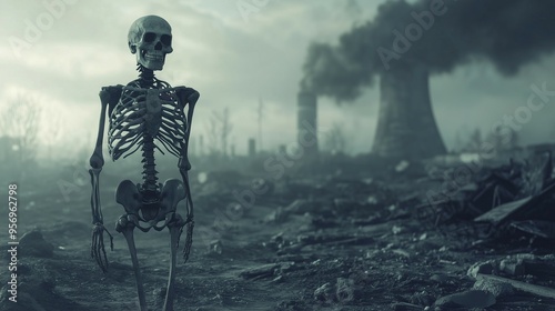 human skeleton standing in front of burning nuclear reactor post apocalypses concept