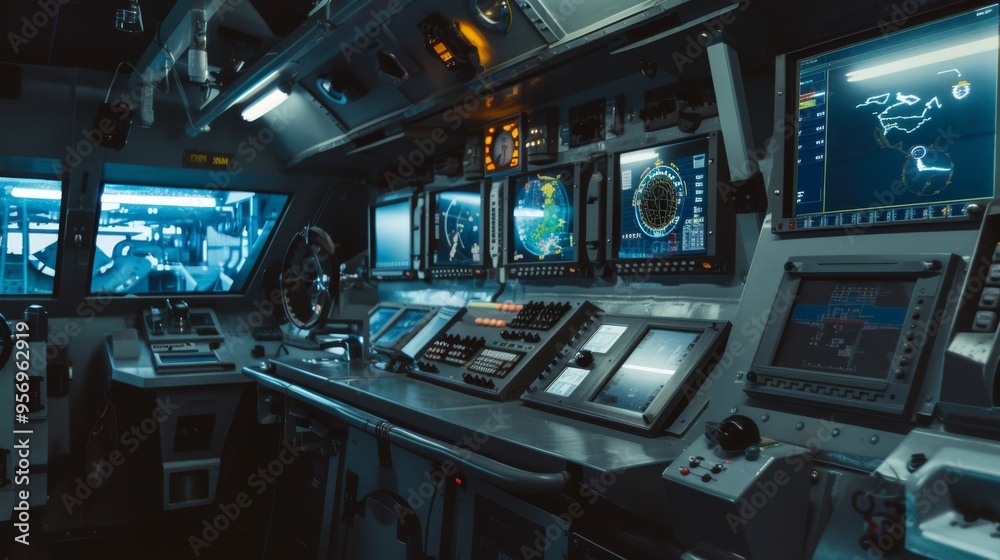 Command center with multiple monitors displaying navigational charts, creating an atmosphere of precision and control in a technologically advanced environment. Command center with multiple monitors displaying navigational charts, creating an atmosphere of precision and control in a technologically advanced environment.