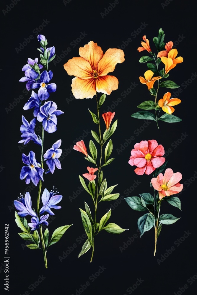 Colored Flowers Black Background Colored Flowers Black Background