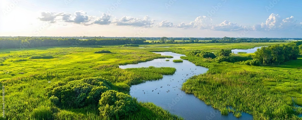 Aerial view of wetland restoration, marshlands thriving with birds and aquatic plants, ecosystem restoration, wetland revival Aerial view of wetland restoration, marshlands thriving with birds and aquatic plants, ecosystem restoration, wetland revival