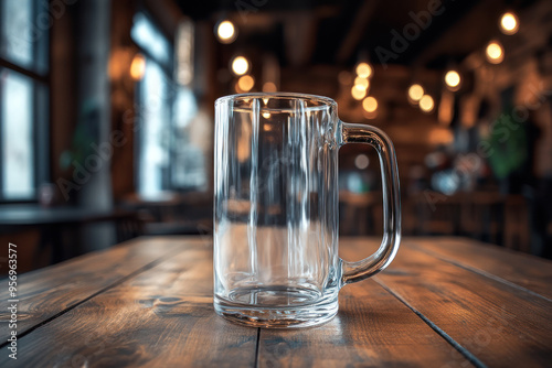 Empty beer glass mug on wooden table at bar. photo