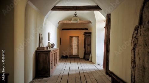 A rustic style interior design of an entrance hall in a country house with an arched ceiling and timber beams. The hall has a wooden floor and features a vintage-style chandelier.