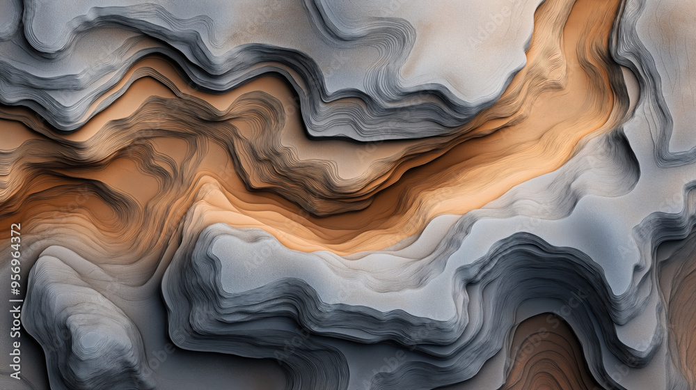 Abstract topographic map-like artwork with layered contours in shades ...