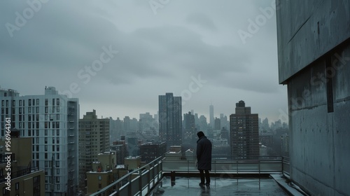 A solitary figure stands on a rainy rooftop, overlooking a cityscape bathed in moody gray tones and enveloped by overcast skies, capturing an urban solitude moment.