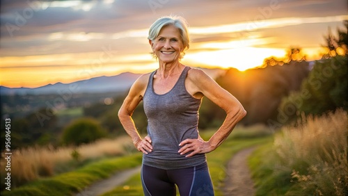 Aging athlete in her 60s, toned and smiling, wears a fitted tank top and leggings, posing confidently in a serene outdoor setting at dawn.