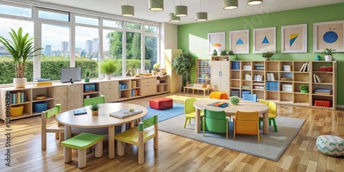 Innovative Preschool Room with High-Tech Gadgets and Modular Furniture