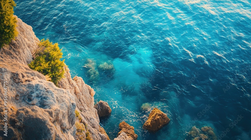 Top-down image of a rocky shore meeting the sea, with stunning blue waters and summer vacation vibes, ideal for background or wallpaper use. Top-down image of a rocky shore meeting the sea, with stunning blue waters and summer vacation vibes, ideal for background or wallpaper use.