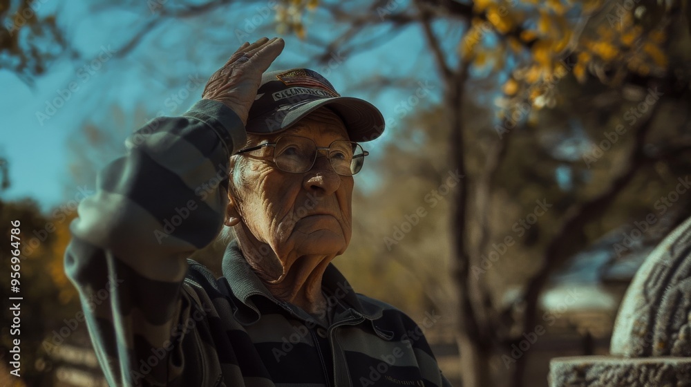 An elderly man salutes, standing outside under the clear sky, exuding respect and a lifetime of stories. An elderly man salutes, standing outside under the clear sky, exuding respect and a lifetime of stories.