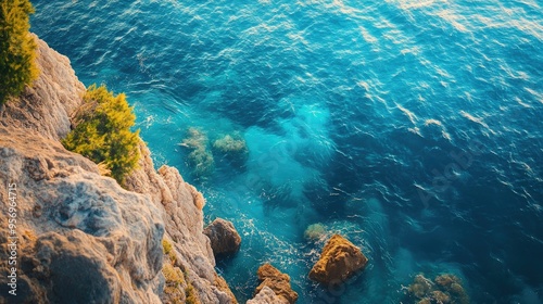 Top-down image of a rocky shore meeting the sea, with stunning blue waters and summer vacation vibes, ideal for background or wallpaper use.