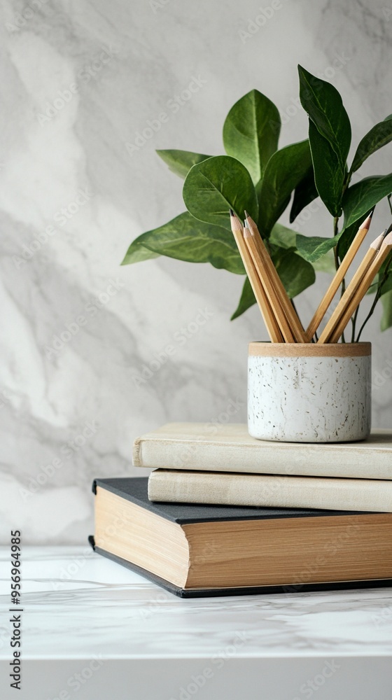 Minimalist home decor: stack of books with potted plant in concrete planter, wooden pencils. Soft natural light casting shadows on textured wall background. Minimalist home decor: stack of books with potted plant in concrete planter, wooden pencils. Soft natural light casting shadows on textured wall background.
