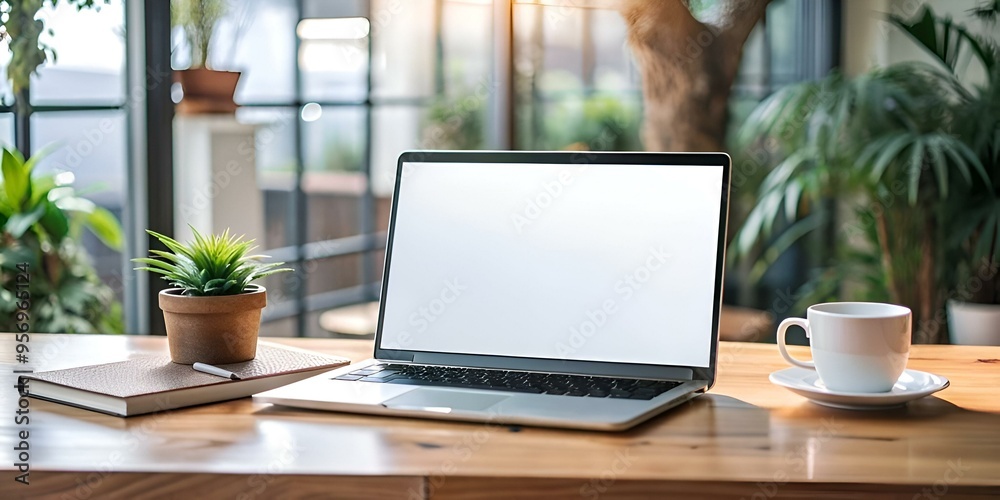 A modern laptop with a blank screen sits on a wooden desk with a notepad. a potted plant. and a white coffee cup. creating a clean and minimalist workspace. A modern laptop with a blank screen sits on a wooden desk with a notepad. a potted plant. and a white coffee cup. creating a clean and minimalist workspace.
