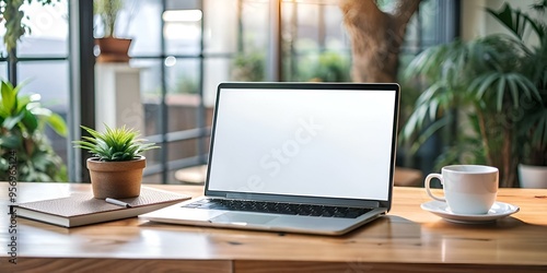 A modern laptop with a blank screen sits on a wooden desk with a notepad. a potted plant. and a white coffee cup. creating a clean and minimalist workspace.