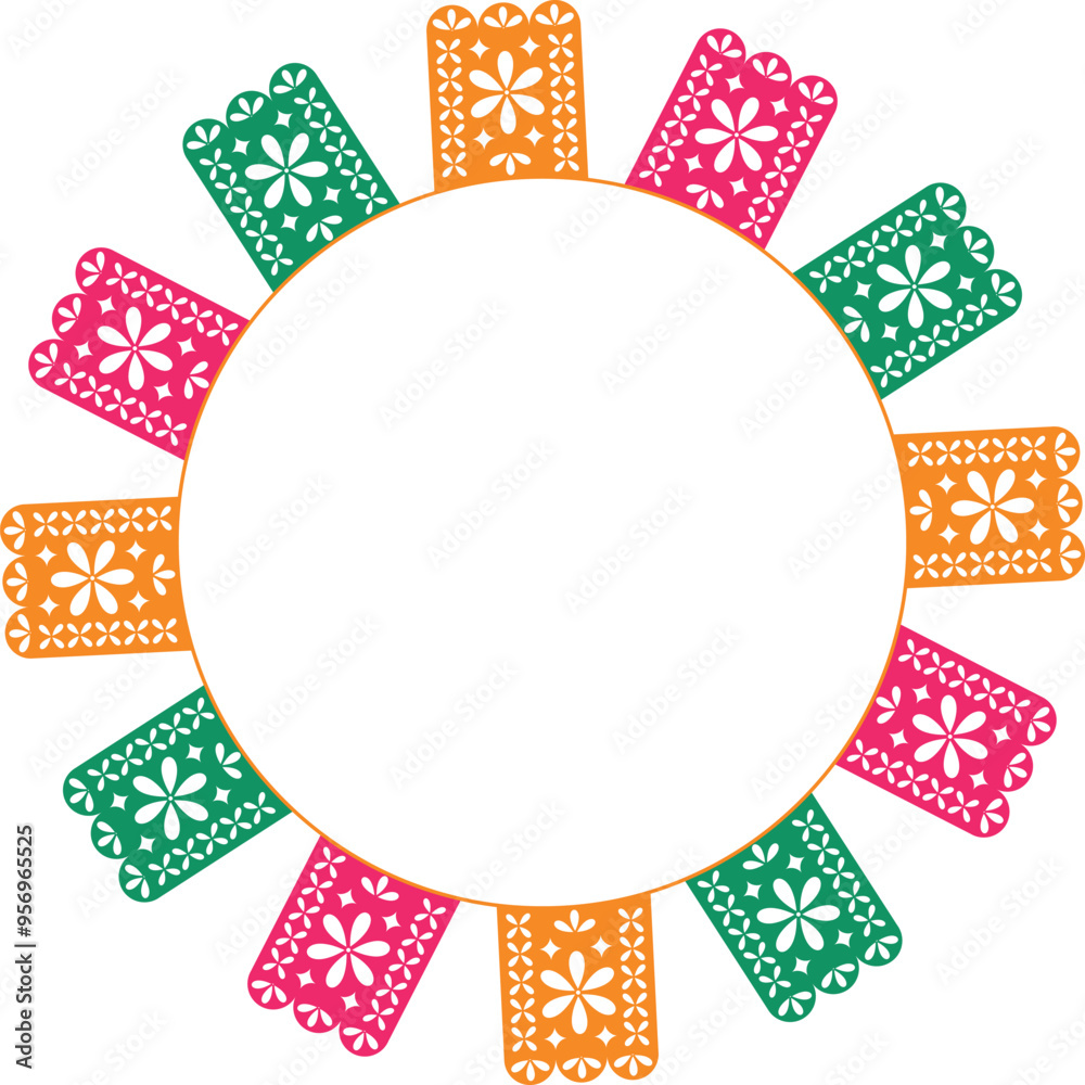 Fototapeta premium Mexican fiesta. Multi-colored holiday flags are arranged in a circle with space for text inside. Isolated vector illustration.