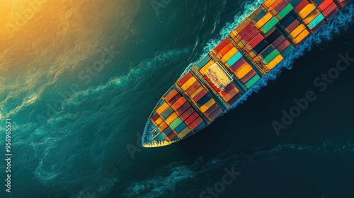 Top-down perspective of a cargo vessel with containers on a transoceanic route, illustrating the global import/export business across the Asia-Pacific region. photo