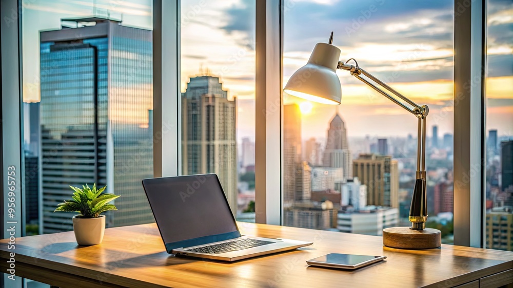 A laptop and desk lamp sit on a clutter-free home office desk, with a blurred cityscape visible through the window in the background.