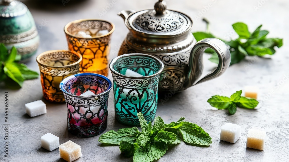 Moroccan Tea Set with Mint Leaves and Sugar Cubes Moroccan Tea Set with Mint Leaves and Sugar Cubes