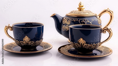 Elegant Blue Tea Set with Gold Accents