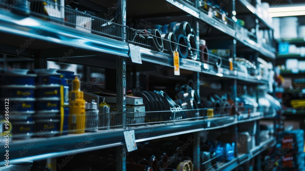 Fototapeta premium A dimly lit shelf-lined aisle in a hardware store, teeming with tools, cables, and various mechanical components for industrial use.