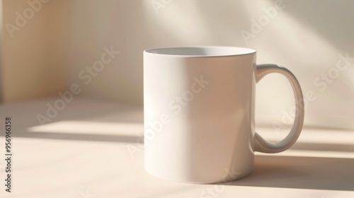 A plain white ceramic mug bathed in soft natural light on a wooden surface, creating a serene and minimalist aesthetic.