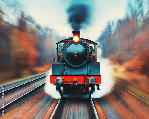 Steam train at full speed, rushing through a rural countryside, blurred motion, and vibrant, earthy colors evoking a sense of adventure photo