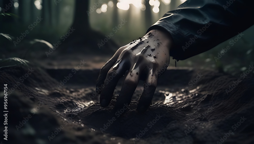 hand reaches dirty muddy grave evoking horror scene hand reaches dirty muddy grave evoking horror scene