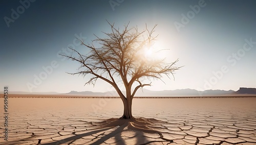 lone tree standing barren desert landscape symbolizing resilience amidst adversity cracked earth dry water beads highlighting harsh environment photo