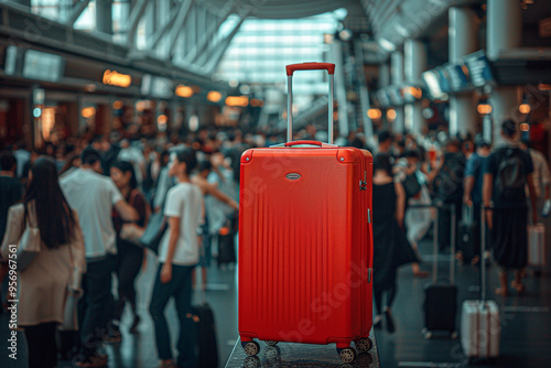 One vibrant summer morning, a wide-angle view of bustling airport terminal reveals a sea of travelers, each with their own story, as they navigate bustling crowds, but amidst chaos, red suitcase stand