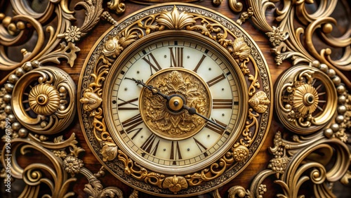 Intricately engraved antique clock face with Roman numerals, ornate filigree, and delicate floral patterns, showcasing exceptional craftsmanship and attention to detail.