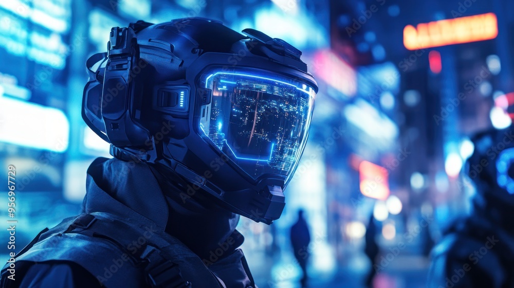 Cyberpunk Cityscape: Futuristic Helmet in a Neon-Lit City Cyberpunk Cityscape: Futuristic Helmet in a Neon-Lit City