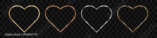 Silver, gold, copper and bronze frames in the shape of a heart for a picture or photo. Vector isolated on transparent.