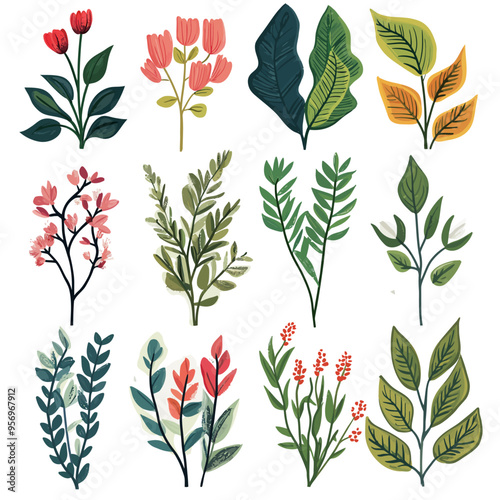 Vintage vector botanical illustration, Set, Autumn flowers, berry and leaves, Colorful