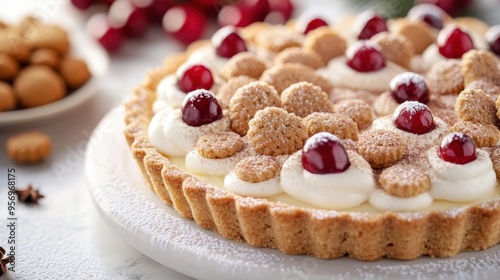 A festive holiday tart topped with gingerbread cookies, cherries, and powdered sugar, arranged with holiday decorations in the background.