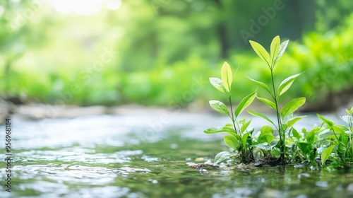 Diverse ecosystems thriving under restored riverbanks, clean water flowing, lush greenery and wildlife, ecosystem recovery, waterway restoration