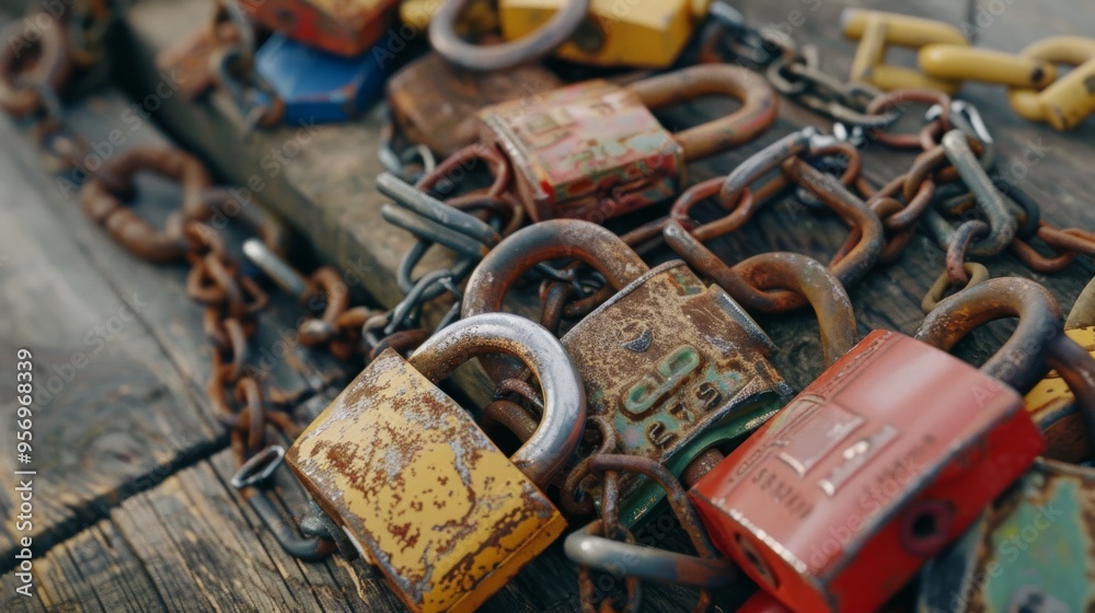 A collection of old, rusty padlocks chained together on a wooden surface, showcasing wear and passage of time. A collection of old, rusty padlocks chained together on a wooden surface, showcasing wear and passage of time.