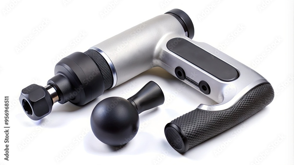 Isolated on a white background, a modern handheld percussive therapy device with interchangeable attachments for relieving muscle tension and promoting relaxation in athletes and fitness enthusiasts. Isolated on a white background, a modern handheld percussive therapy device with interchangeable attachments for relieving muscle tension and promoting relaxation in athletes and fitness enthusiasts.