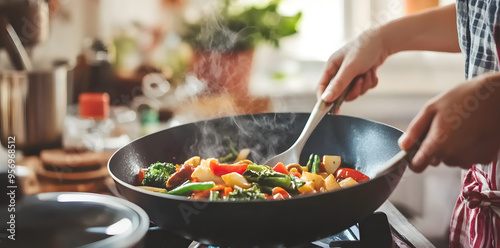 Close-up woman preparing Asian food in wok pan