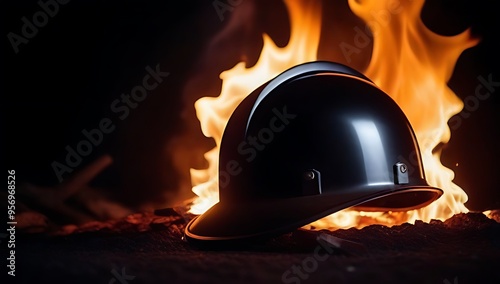 smoldering helmet surrounded embers flames engulfed fire black background embodying defender concept photo