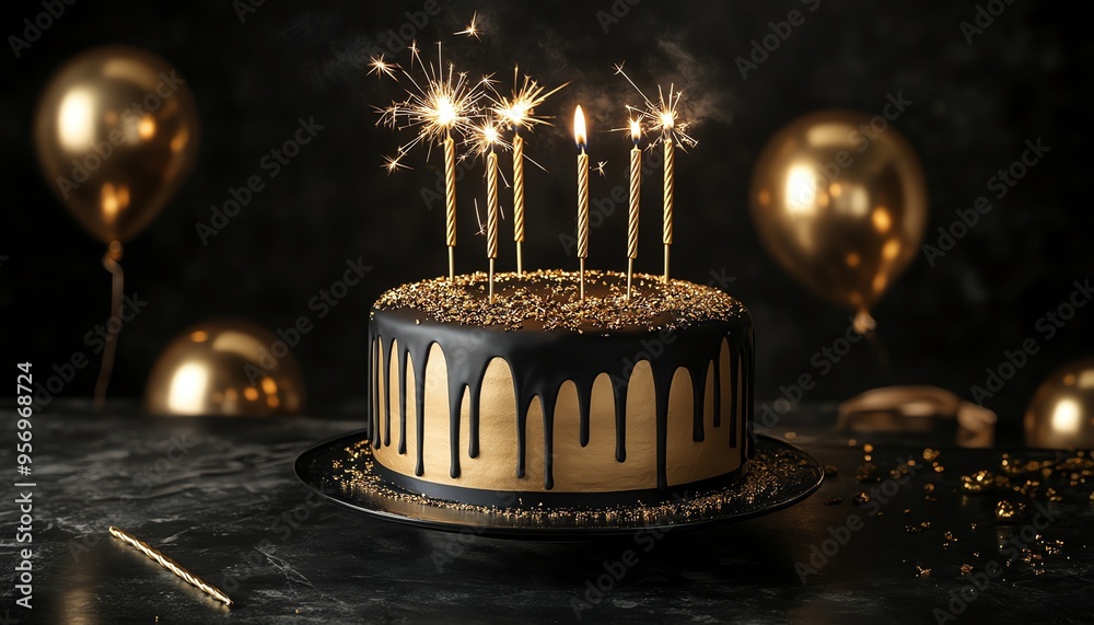 Black and Gold Birthday Cake with Sparklers and Balloons