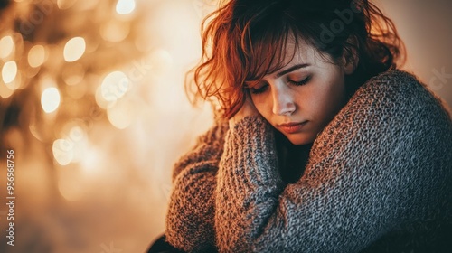 A person sitting quietly, hugging themselves with a calm expression, surrounded by soft, warm lighting. photo