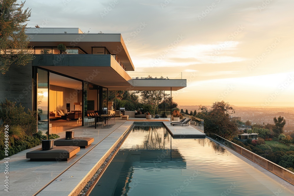 Fototapeta premium Modern mansion with pool and terrace overlooking Los Angeles valley, captured during golden hour