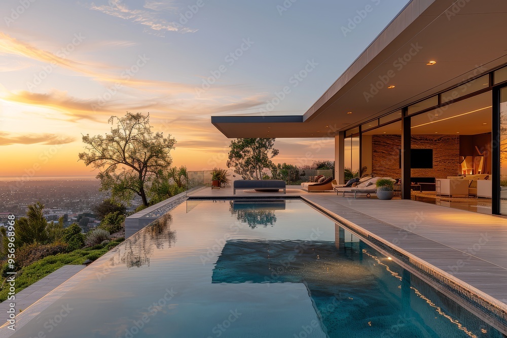 Modern mansion with pool and terrace overlooking Los Angeles valley, captured during golden hour Modern mansion with pool and terrace overlooking Los Angeles valley, captured during golden hour