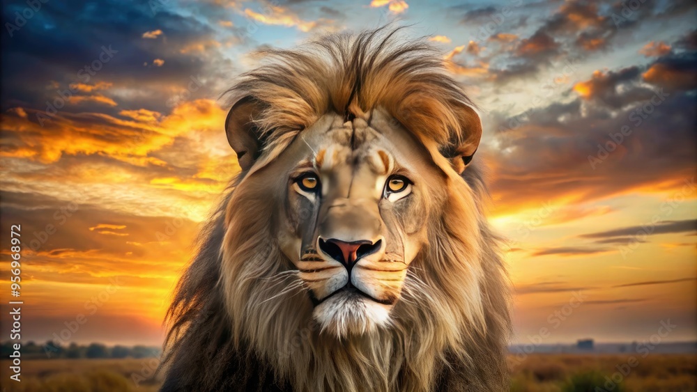 A majestic regal lion's head in sharp focus, whiskers twitching, eyes gleaming golden, against a blurred savannah background with subtle warm sunset tones.