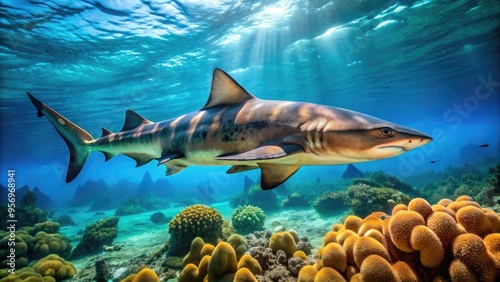 A majestic port Jackson shark swims in the clear blue waters of the ocean, its distinctively patterned body gliding effortlessly through the coral reef. photo