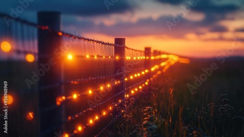 closeup of hightech security fence with laser sensors interwoven with traditional barbed wire glowing energy field pulses along perimeter in twilight