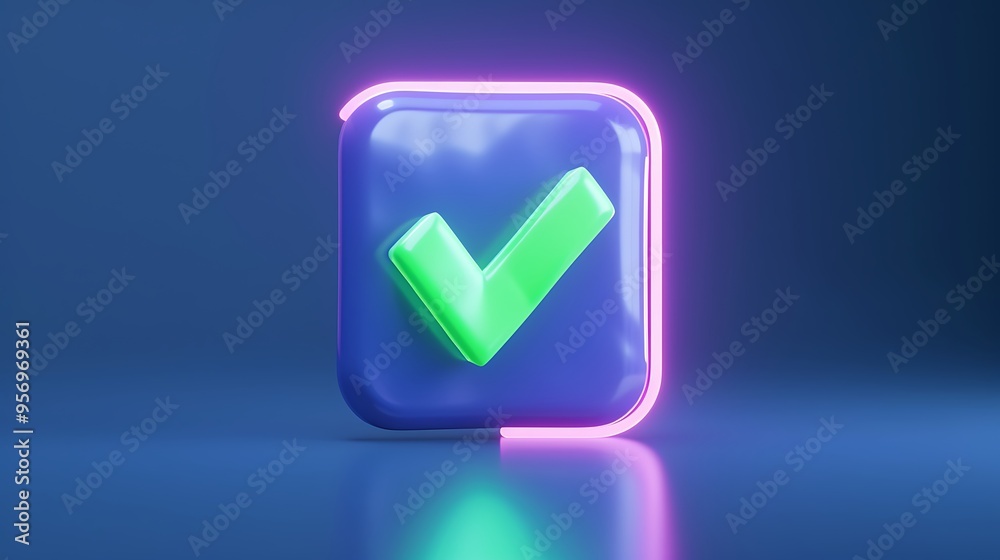 Glossy blue 3D check mark icon with glowing pink outline on dark background, symbolizing approval, success, and confirmation. Glossy blue 3D check mark icon with glowing pink outline on dark background, symbolizing approval, success, and confirmation.