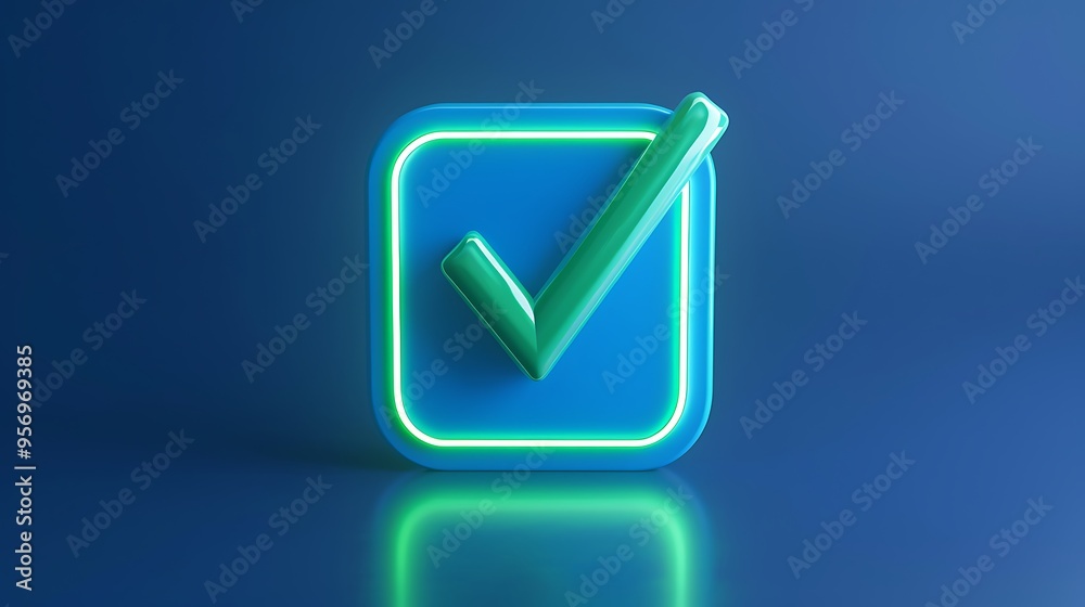 Glossy blue checkmark icon with neon green light on a reflective surface. Modern 3D design highlighting approval, verification, and success. Glossy blue checkmark icon with neon green light on a reflective surface. Modern 3D design highlighting approval, verification, and success.